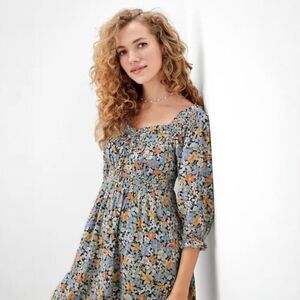 American Eagle Off Shoulder Boho Mini Dress Size S Blue Floral Lined 3/4 Sleeve